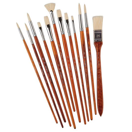 PRO Natural Bristle Brush Set - Long Handle - 12 Pieces