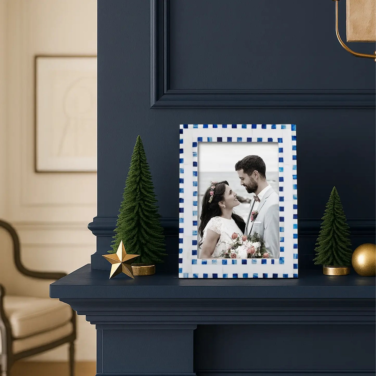 Handmade Bone Inlay Blue Picture Frame - Checkered Pattern 5x7
