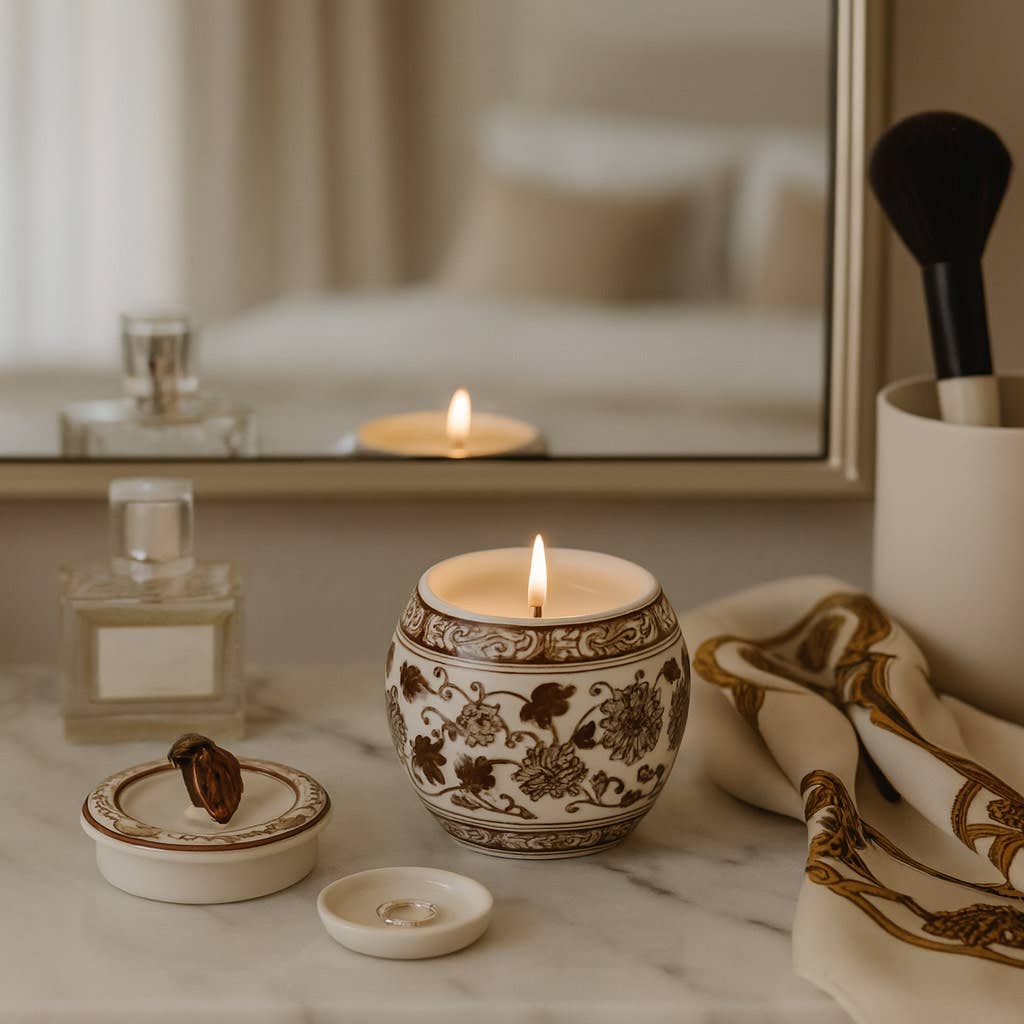Scented Candle - Peony Wax Brown Chinoiserie With Lid, 8.5Oz