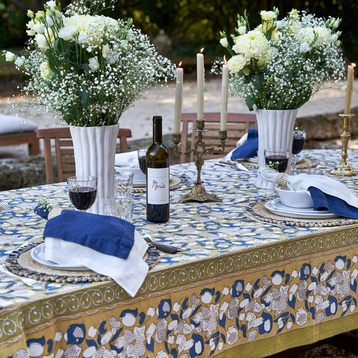 Forest Harvest Mustard & Blue | French Tablecloths: 71" x 128"
