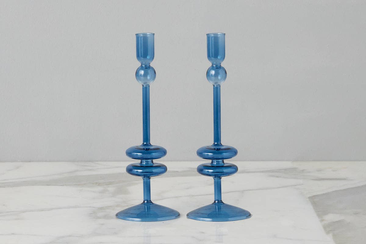 Glass Candlestick, Medium, Sapphire Blue
