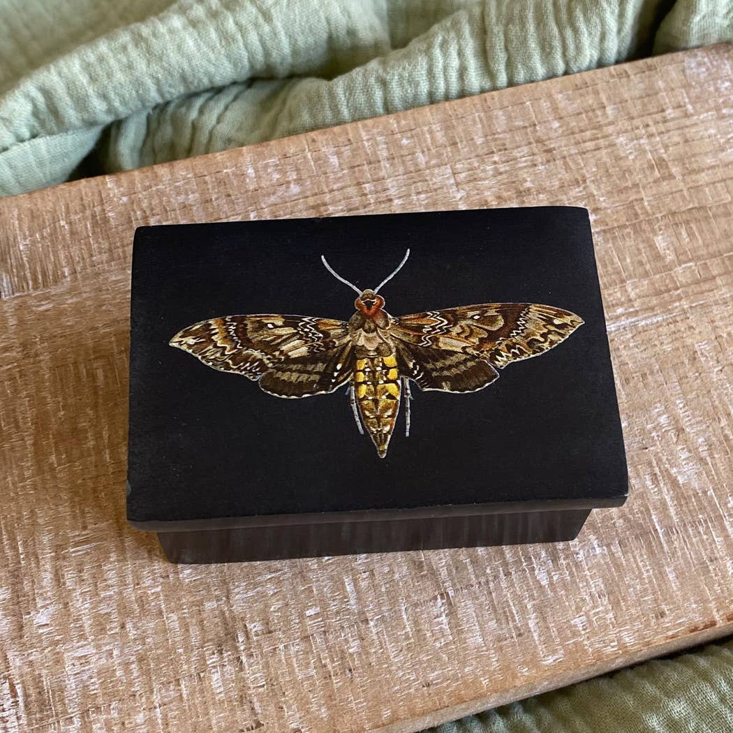 Hawk Moth Black Soap Stone Trinket-Jewelry Box, 3"