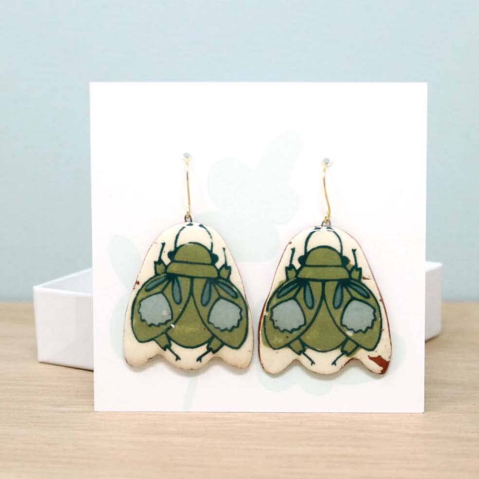 Green Beetle Ceramic Earrings with 14k Gold-Plated Hooks