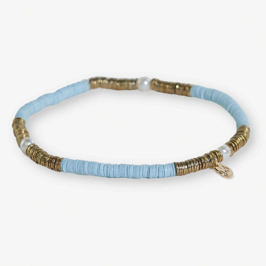 Rory Solid Color With Gold And Pearls Small Sequin Stretch Bracelet Light Blue Wholesale