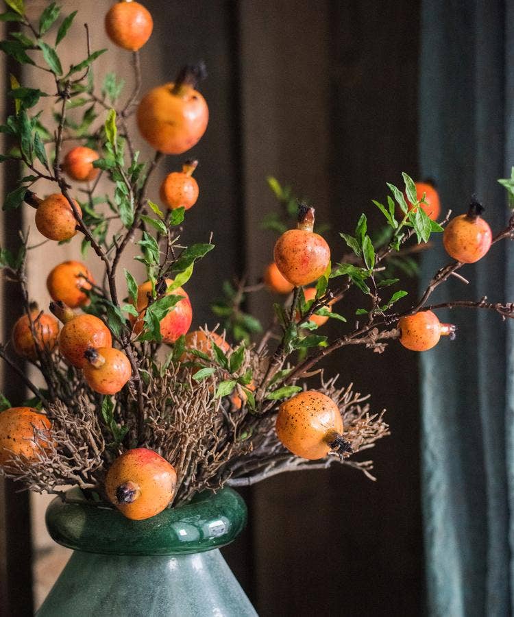 Artificial Fruit Yellow Orange Pomegranate Fruit Stem 36" Tall: Three Stems