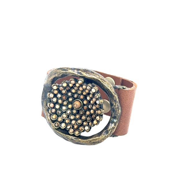 Flower Insert Beaded Leather Bracelet: Sage w African turq