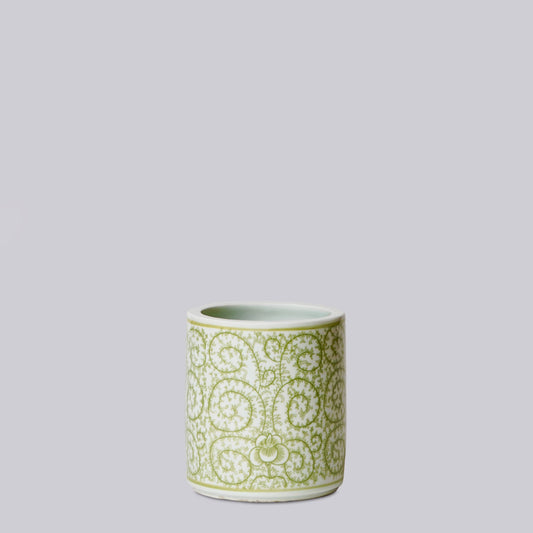 Tiny Green and White Porcelain Country Peony Cachepot