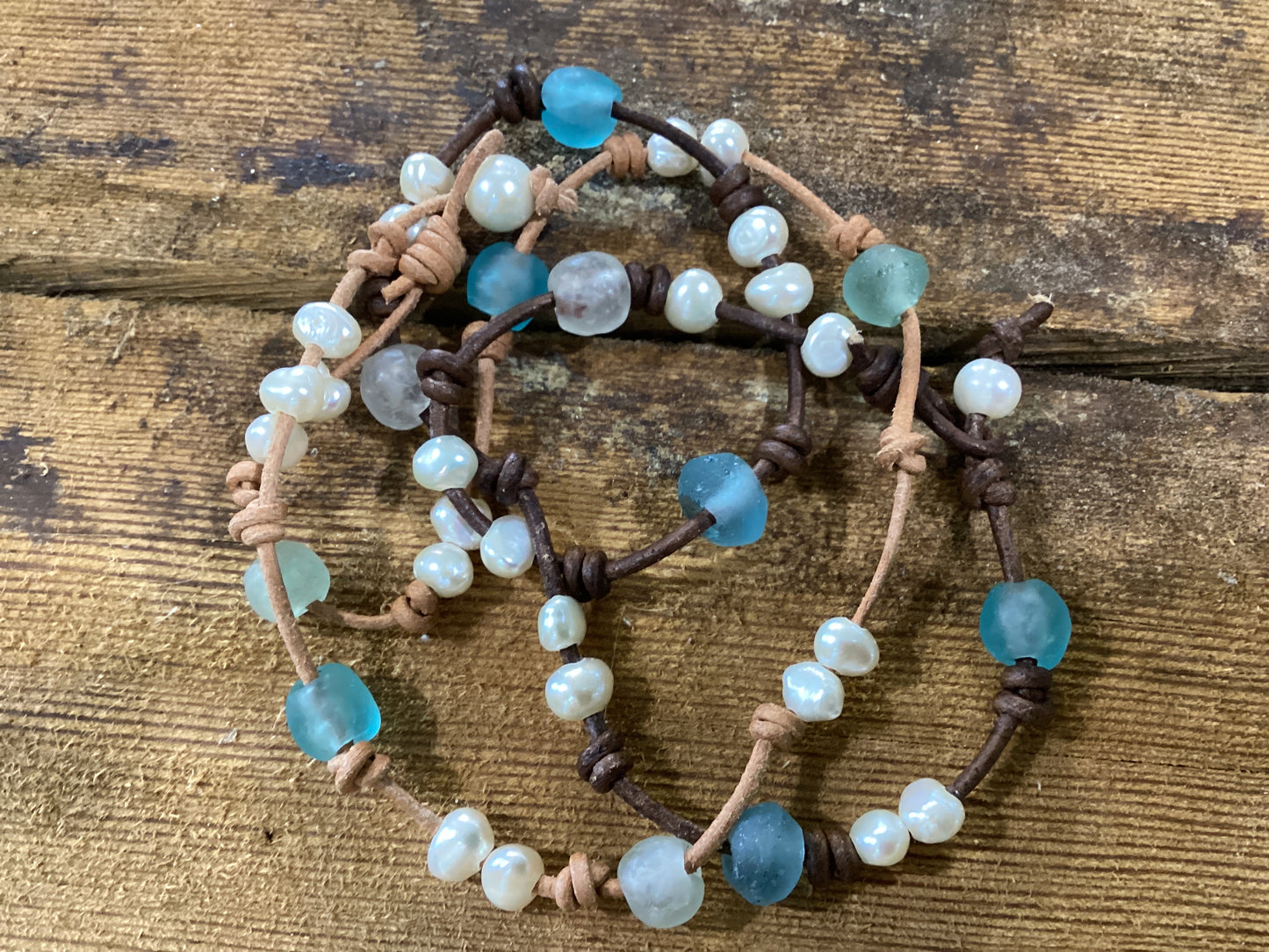 Pearl and seaglass leather bracelet