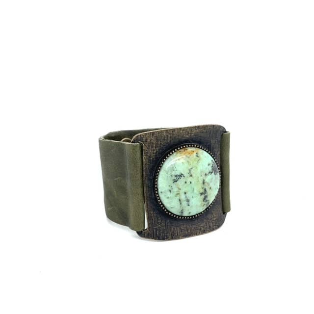 Large Round Cabochon Leather Cuff: Vintage Brown w African Turq