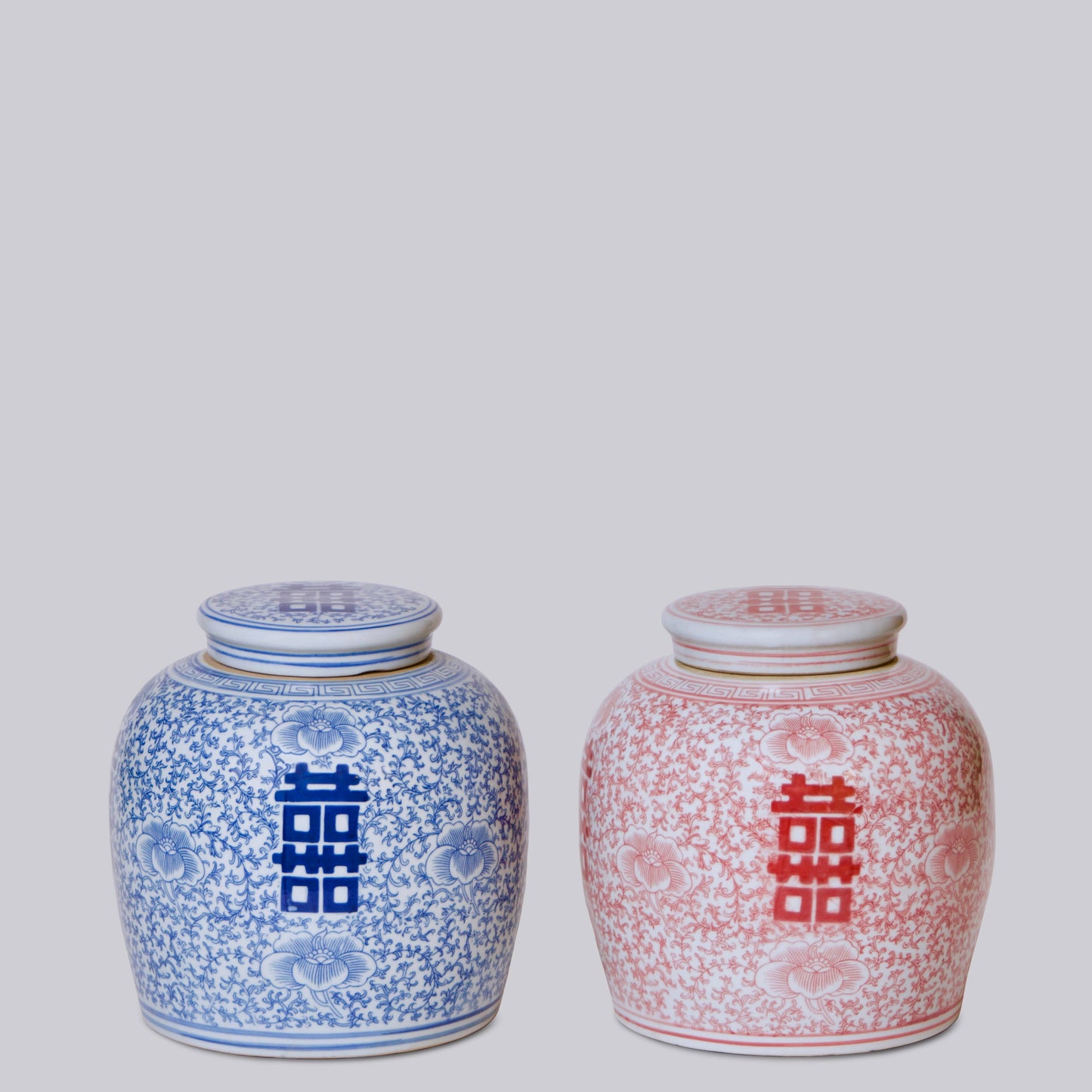 Double Happiness Red & White Porcelain Round Storage Jar