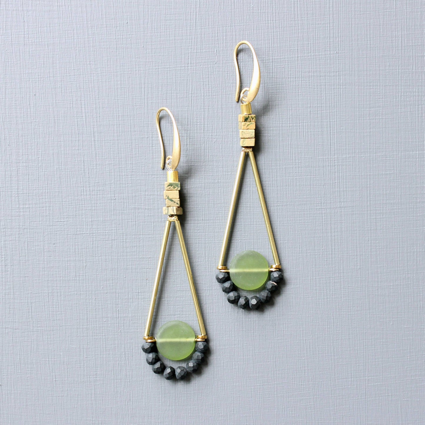 Olivine Glass Geometric Dangle Earrings