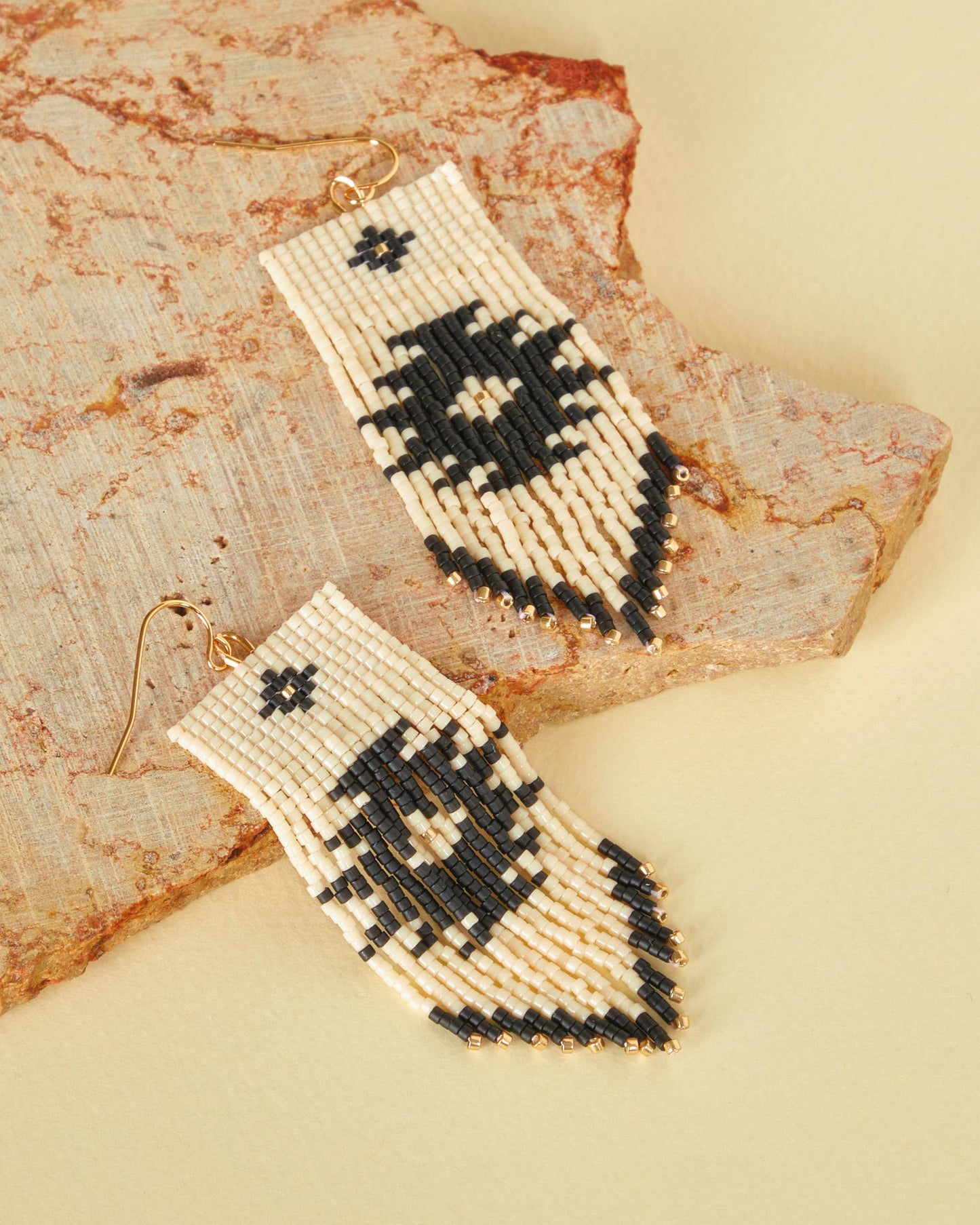 Beaded Handwoven Tribal Fringe Earrings (Cream/Black)