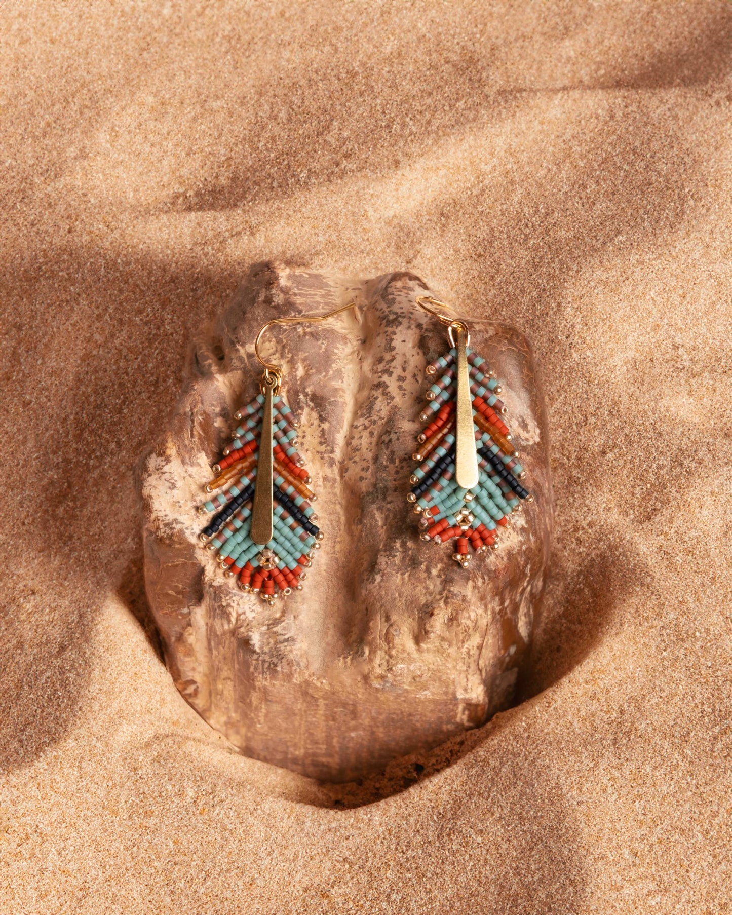 Beaded Handwoven Gilded Feather Earrings (Rust/Aqua)