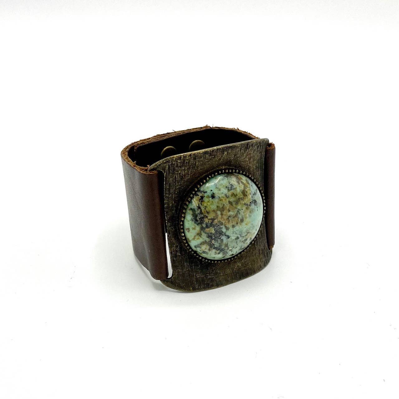 Large Round Cabochon Leather Cuff: Vintage Brown w African Turq