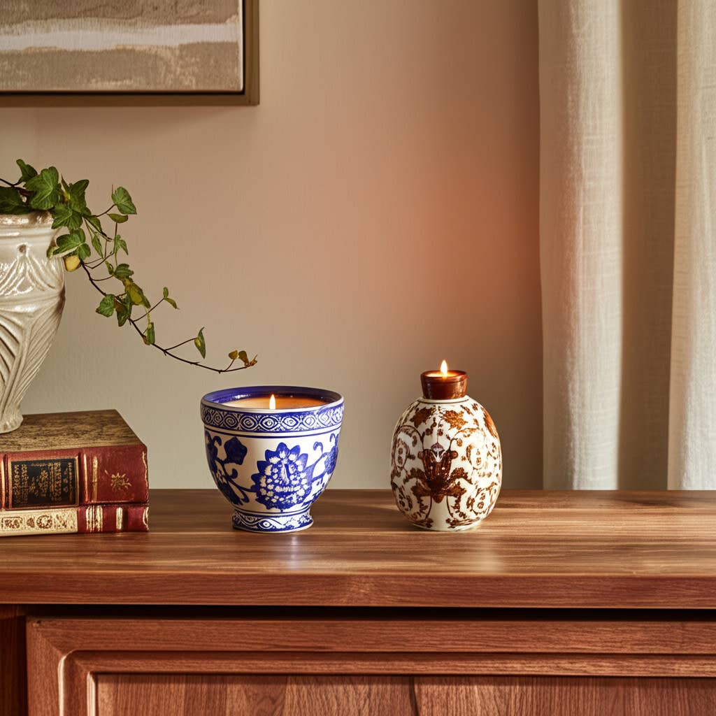Scented Candle - Plumeria Brown and White Ceramic, 6 Oz.