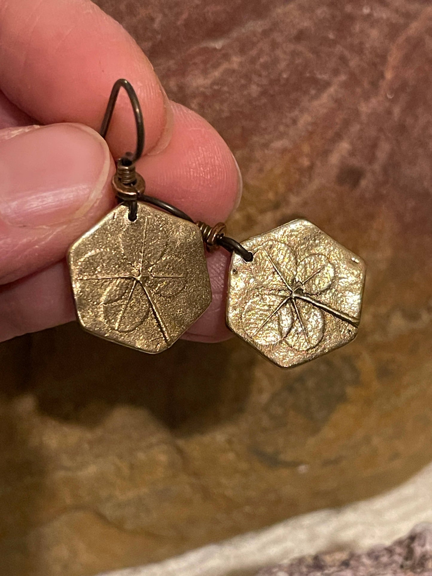 Four Leaf Clover Earrings - Hexagon (Silver, Bronze, Copper): Bronze