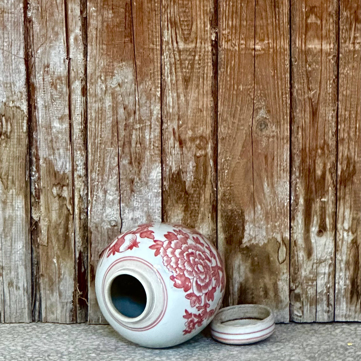 Red and White Porcelain Peony Round Storage Jar