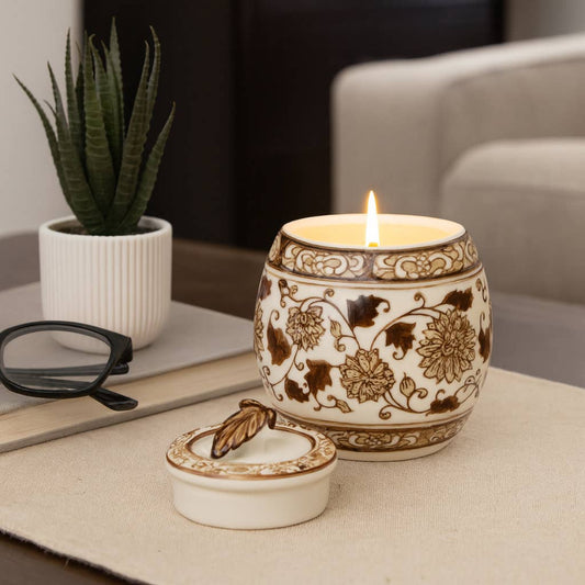 Scented Candle - Peony Wax Brown Chinoiserie With Lid, 8.5Oz