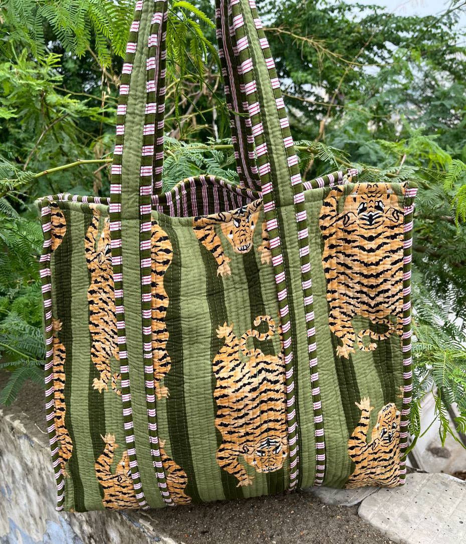 Tiger Block Printed Bag Indian Handmade Cotton Shopping Bag