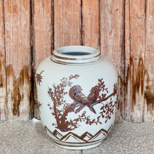 Red and White Copper Underglaze Bird and Flower Barrel Vase