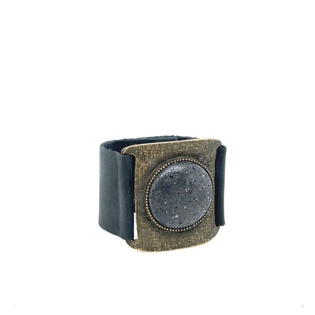 Large Round Cabochon Leather Cuff: Vintage Brown w African Turq