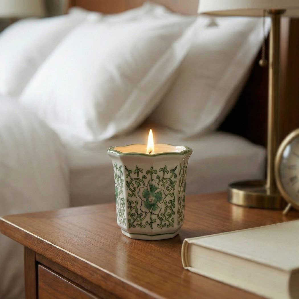 Scented Candle -  Plumeria Green and White Ceramic, 6 Oz
