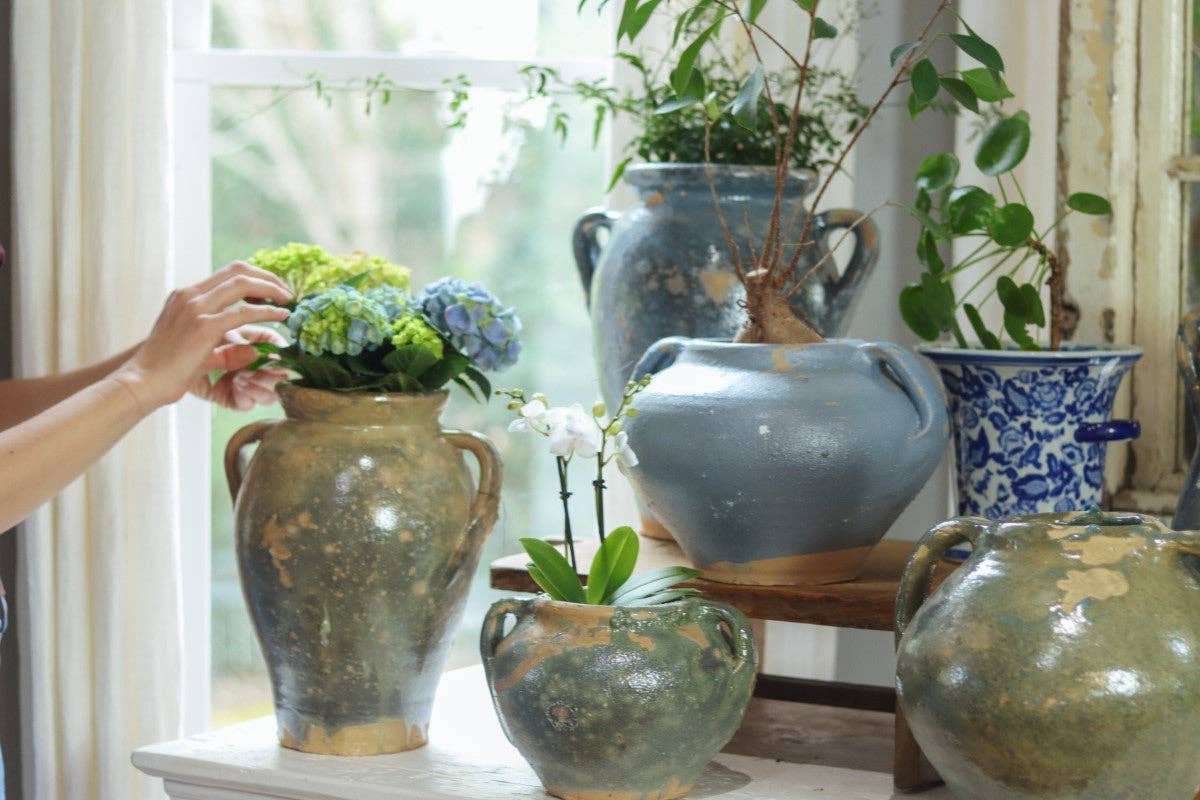 Found Amphora Ceramic Vase, Medium, Blue-Green