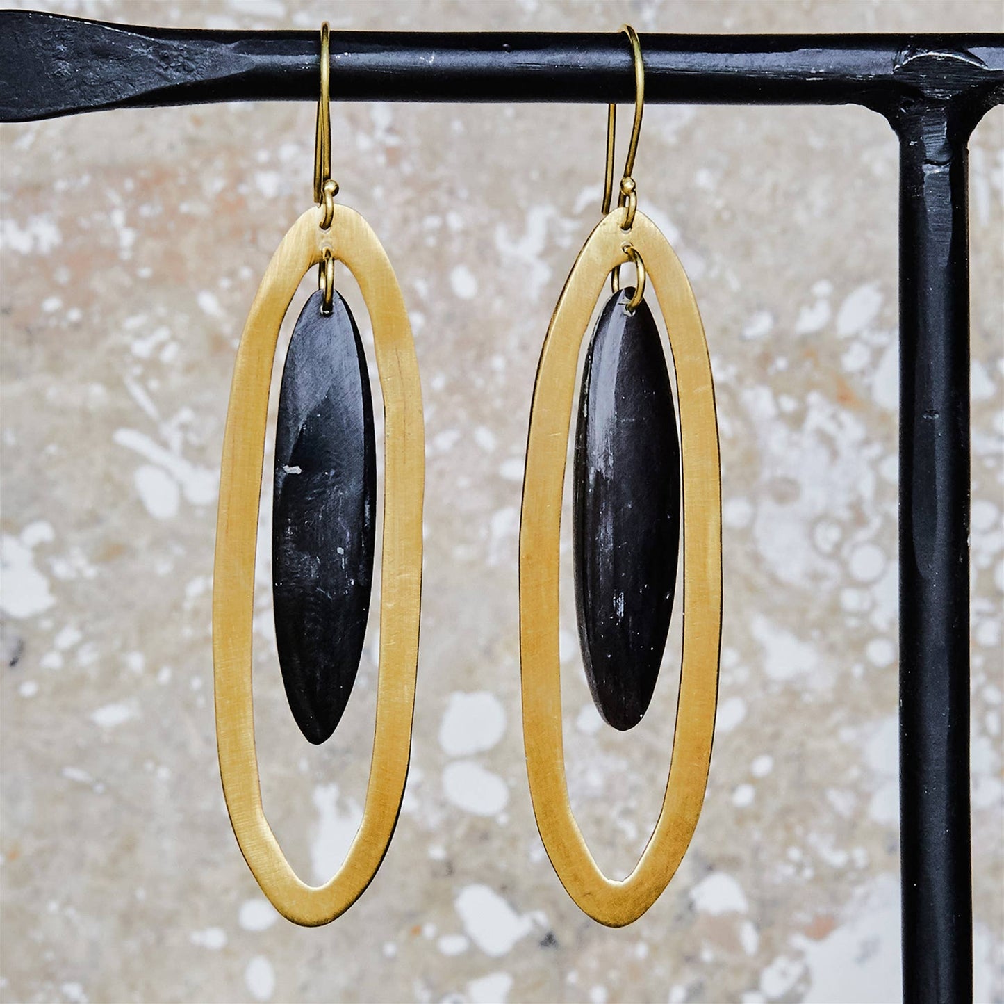 Banjar Floating Long Oval Earring - Dark Horn, Brass