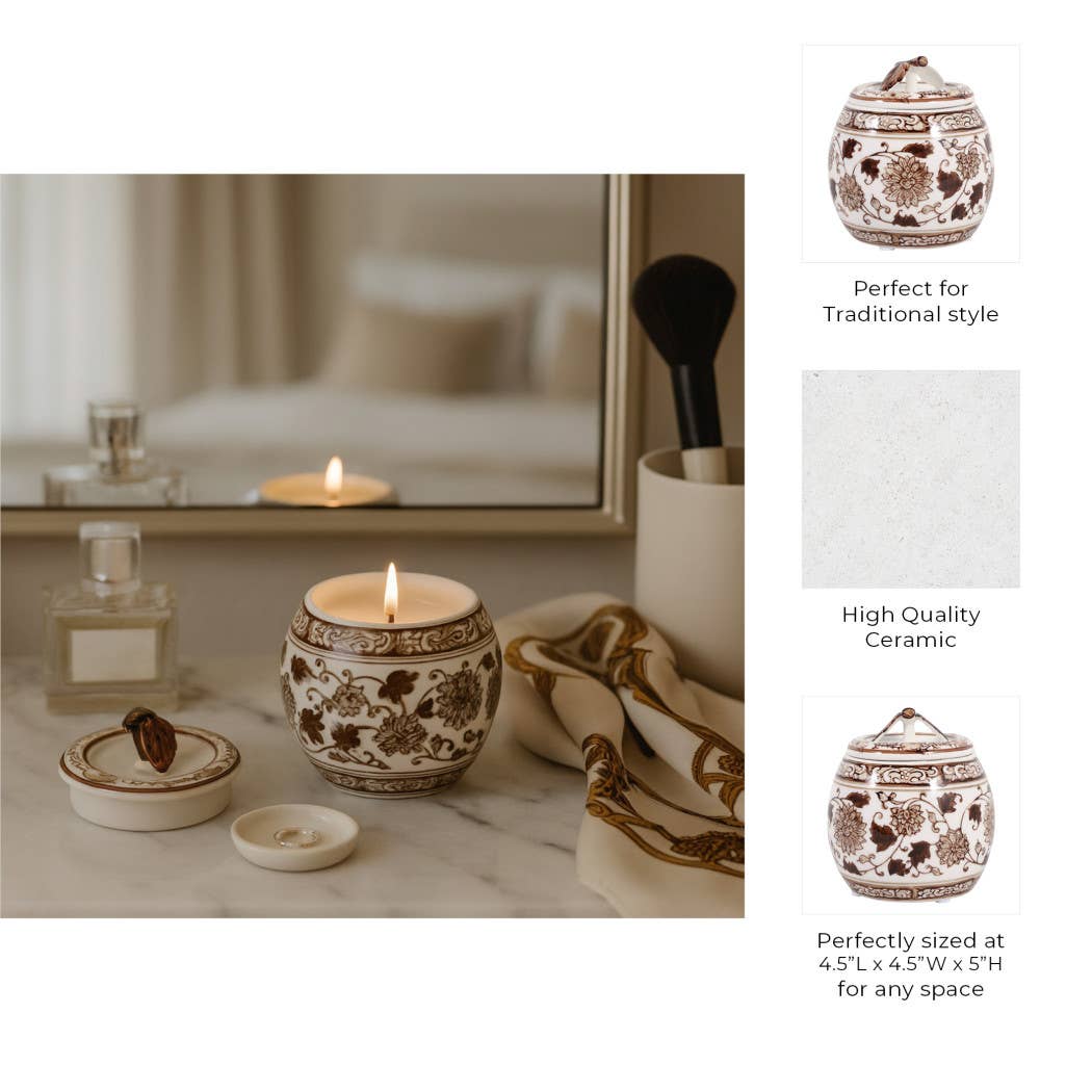 Scented Candle - Peony Wax Brown Chinoiserie With Lid, 8.5Oz