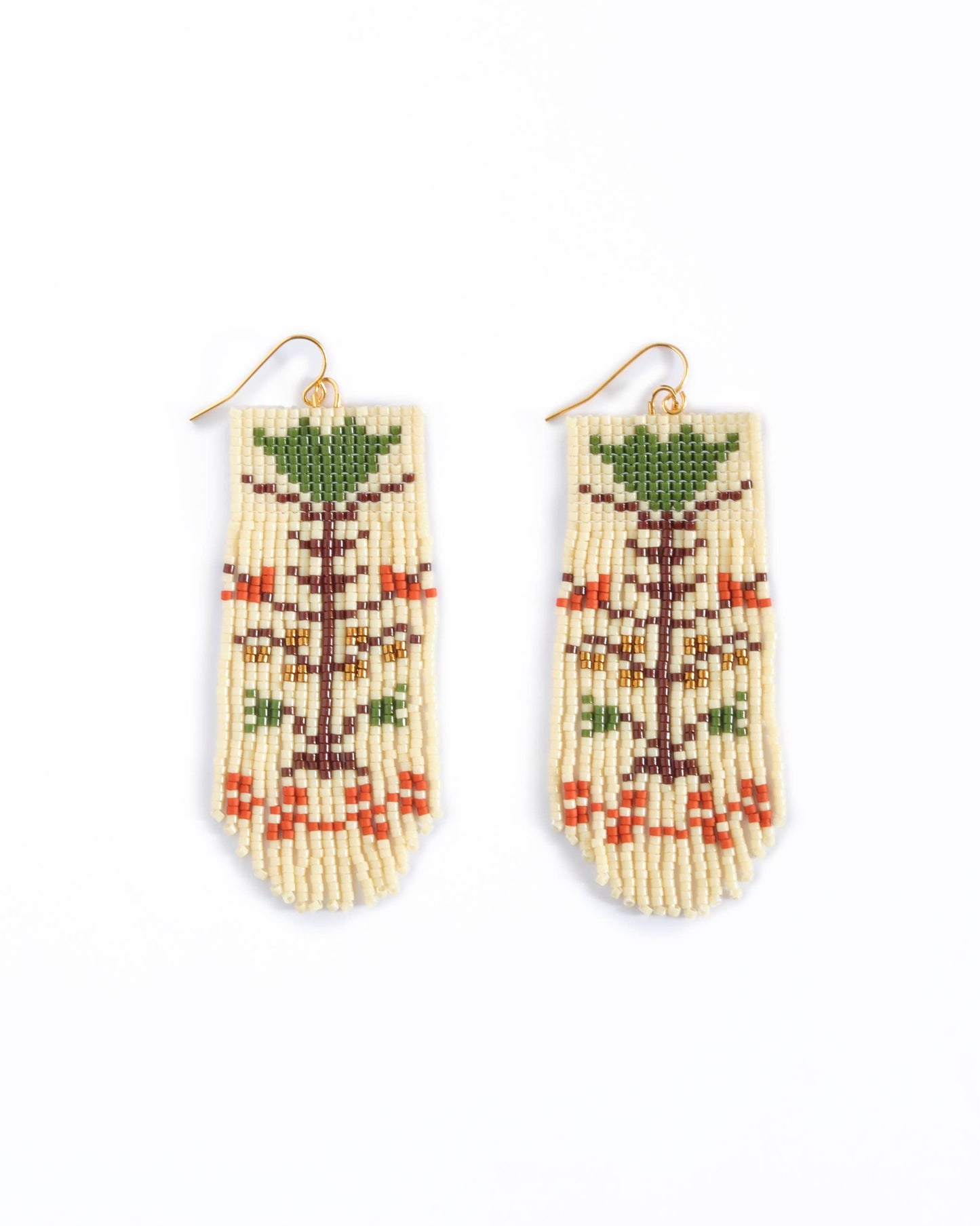Beaded Handwoven Vintage Flower Fringe Earrings (Cream/Green