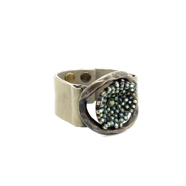 Flower Insert Beaded Leather Bracelet: Sage w African turq