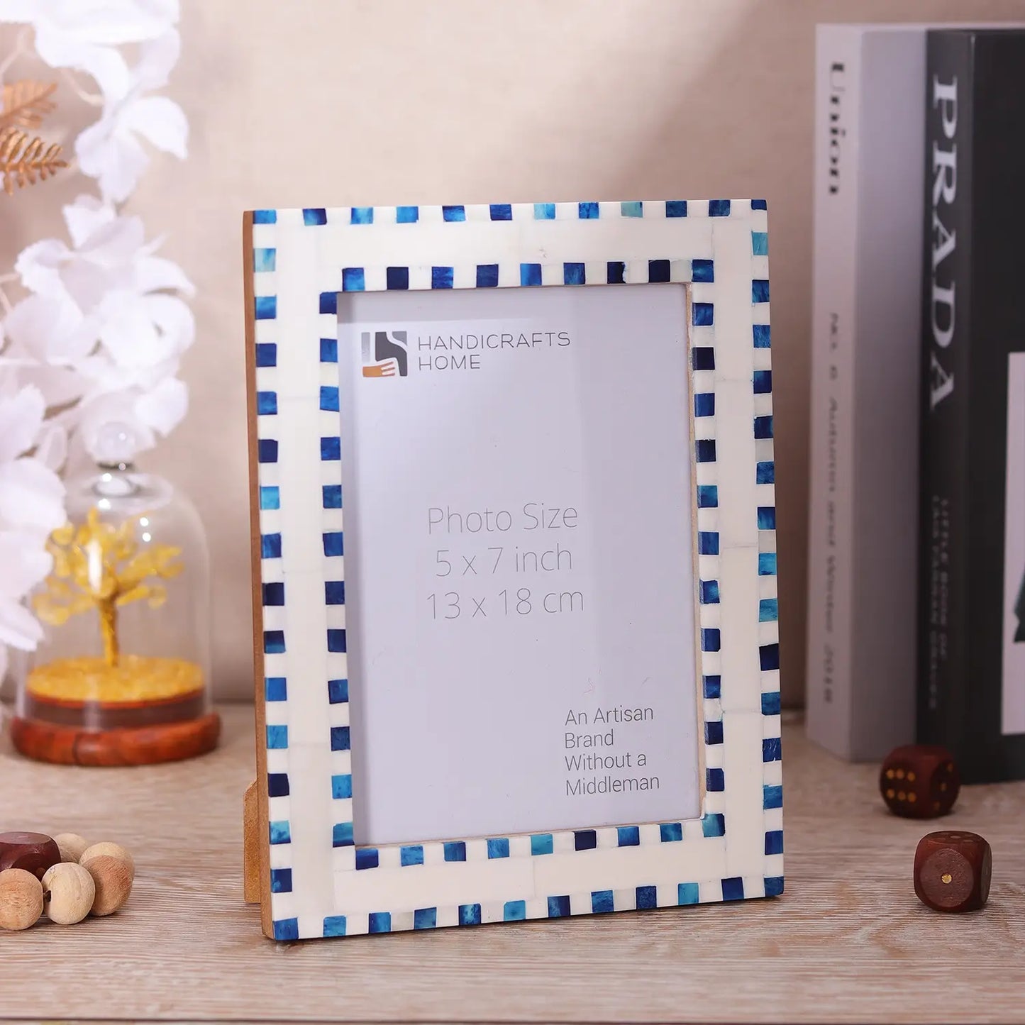 Handmade Bone Inlay Blue Picture Frame - Checkered Pattern in 4x6 & 5x7: 4x6
