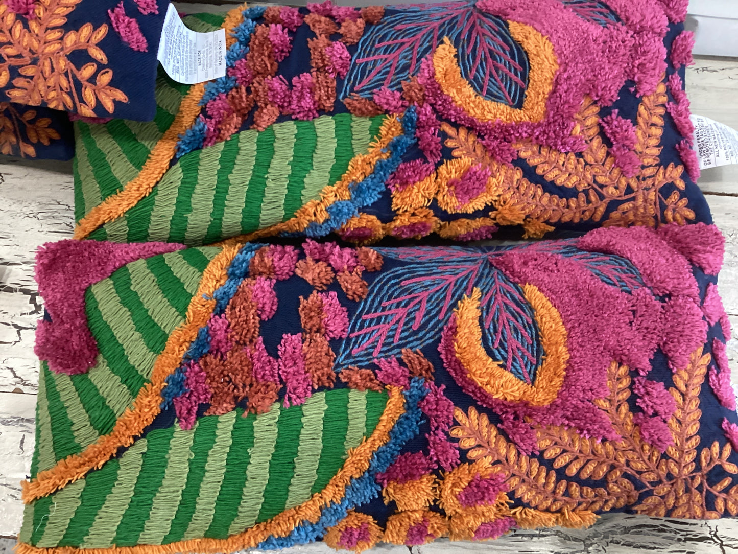 27”L x 12”H Embroidered Fabric Indoor/Outdoor Lumbar Pillow w/ Tufted Botanicals