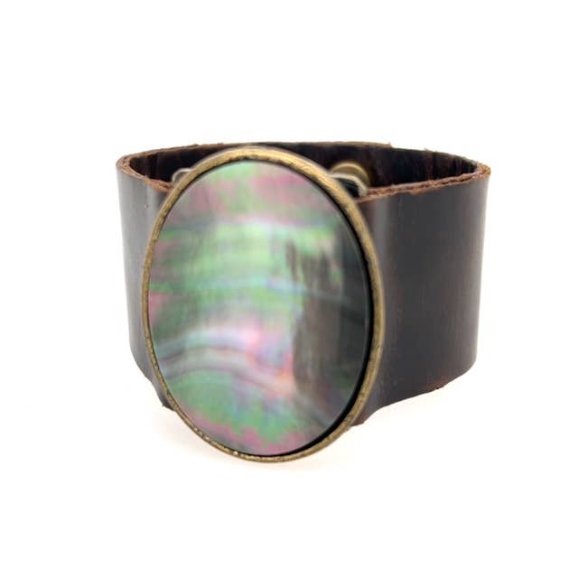 Oval Cabochon Leather Bracelet: Vintage Brown w African Turq