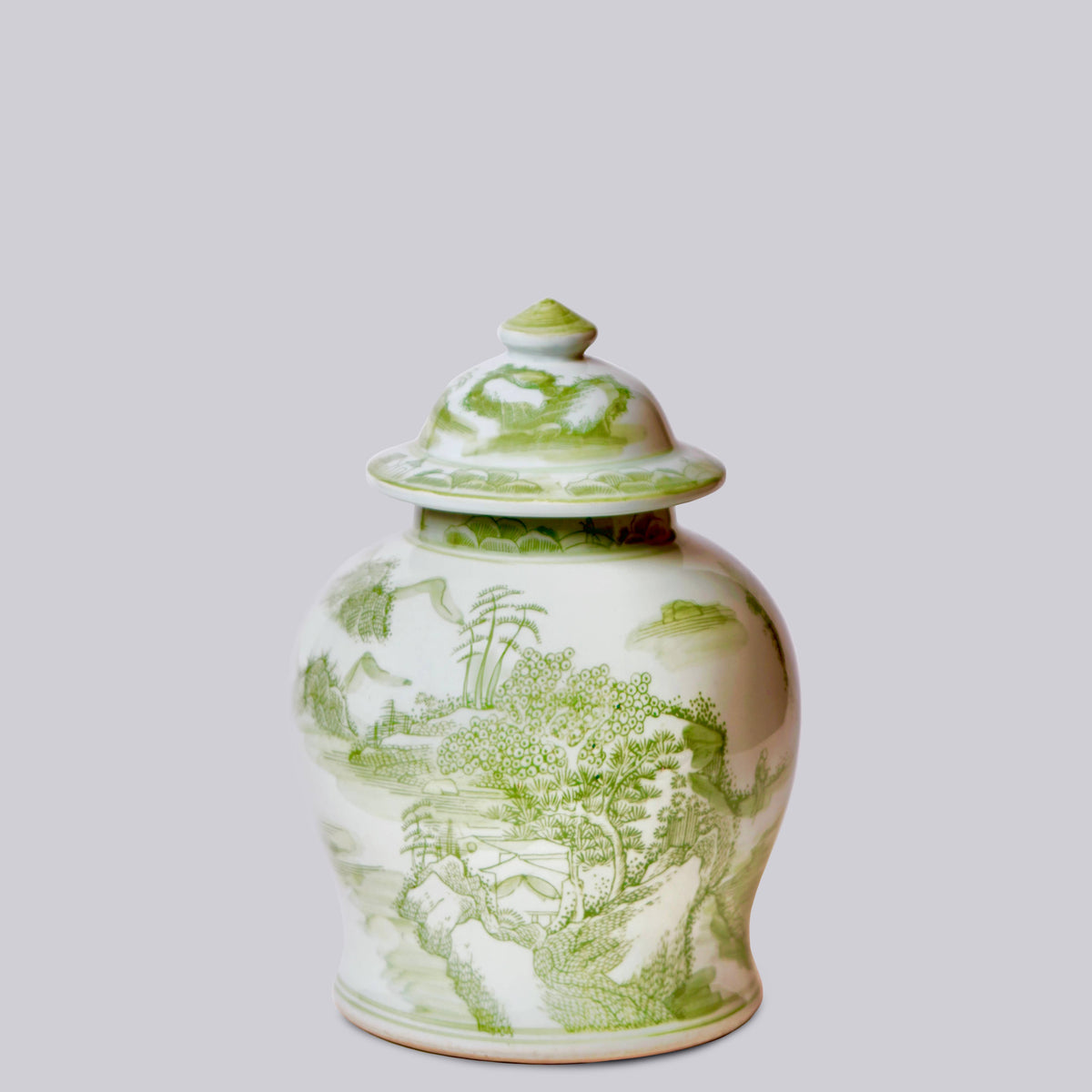 Medium Green and White Porcelain Landscape Temple Jar