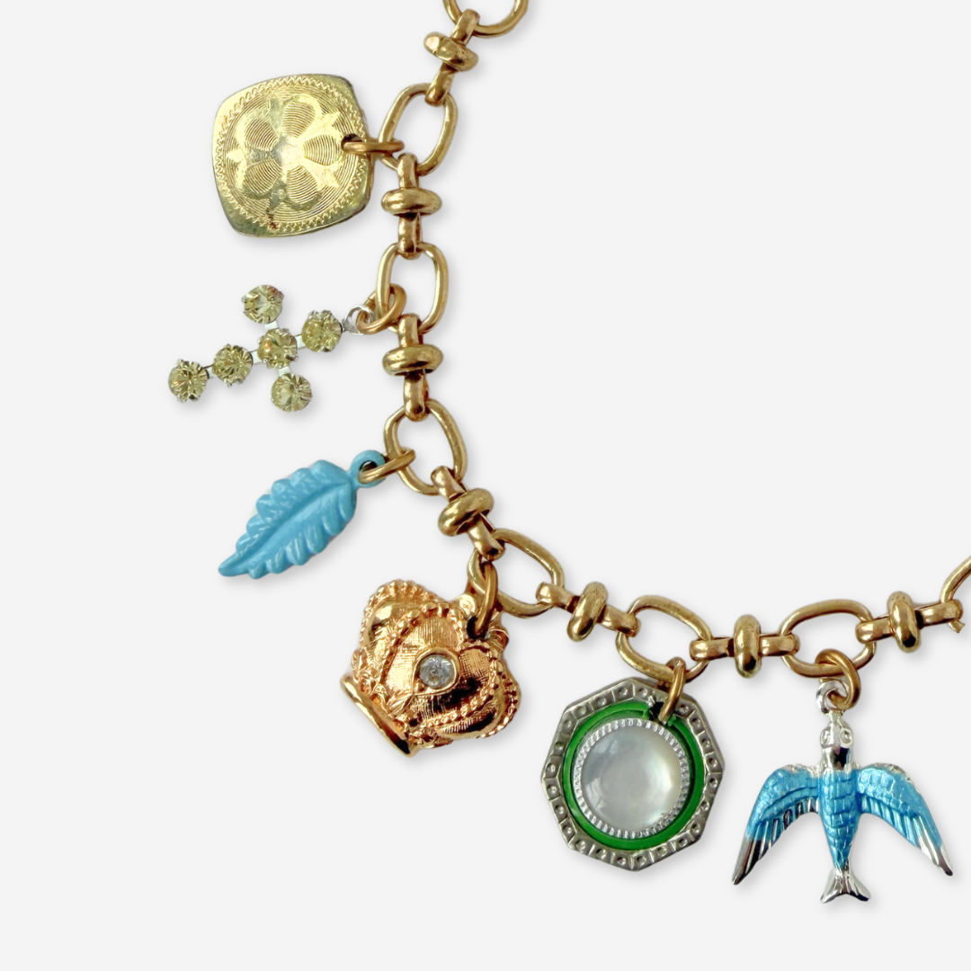 Blue, green, and gold repurposed vintage charm bracelet