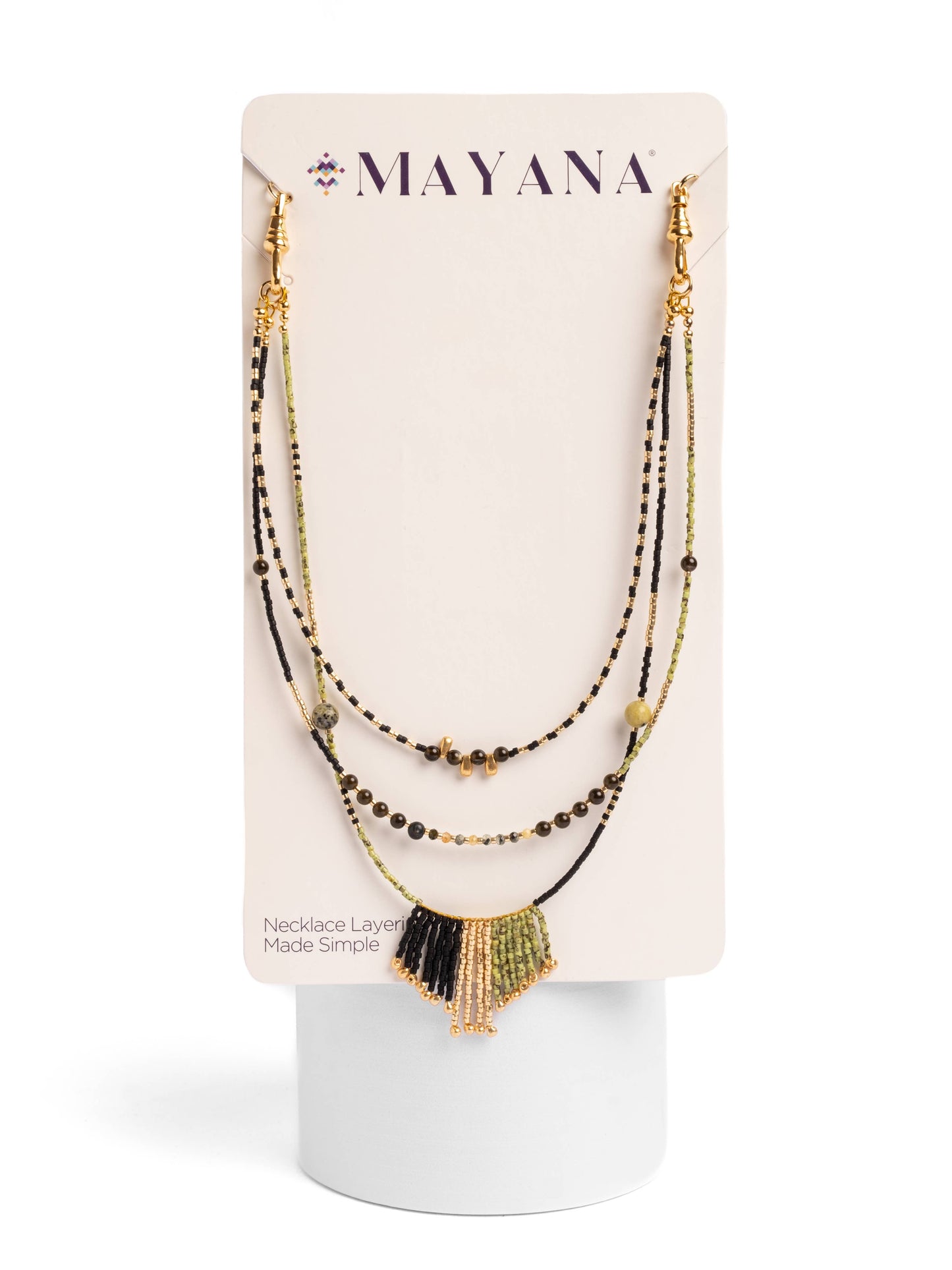 Handwoven Miyuki and Gem Fringe Layering Necklace (Olive)