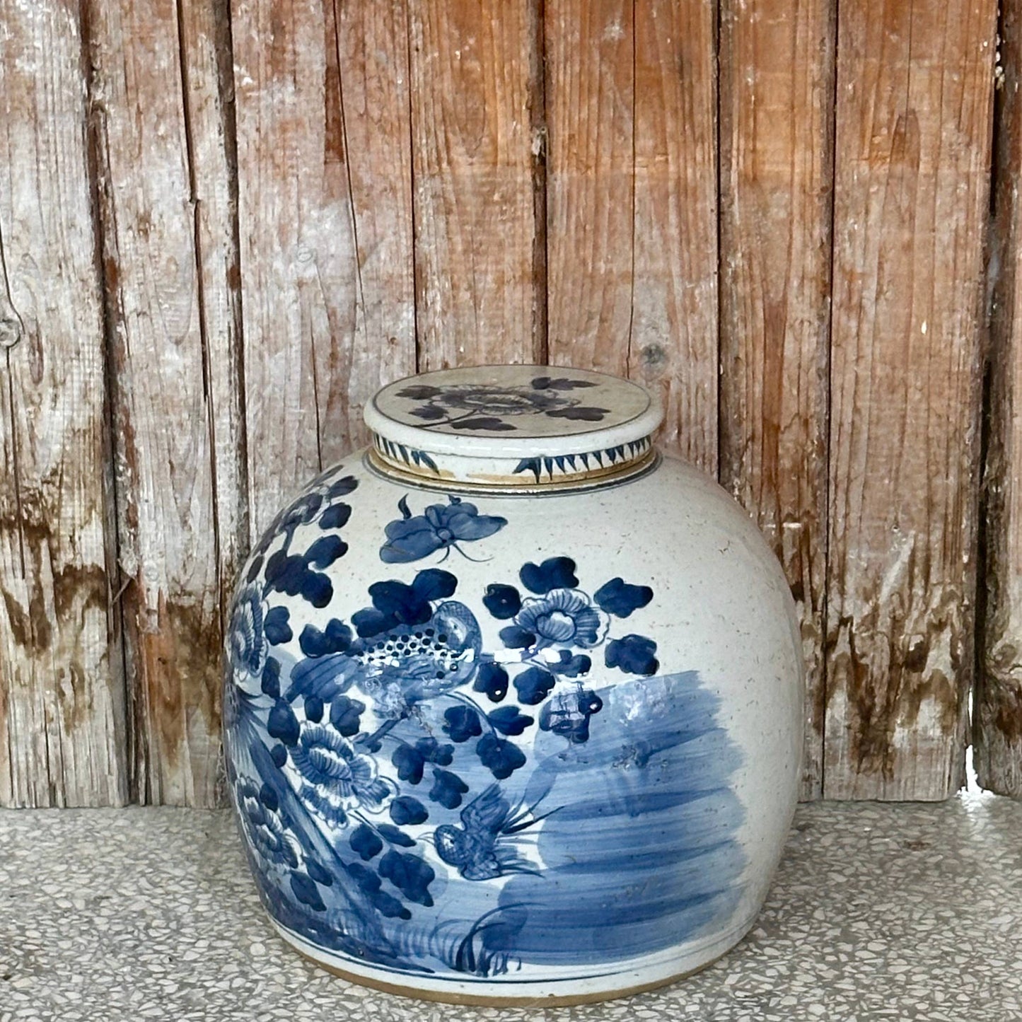Blue & White Porcelain Bird & Flower Large Round Storage Jar
