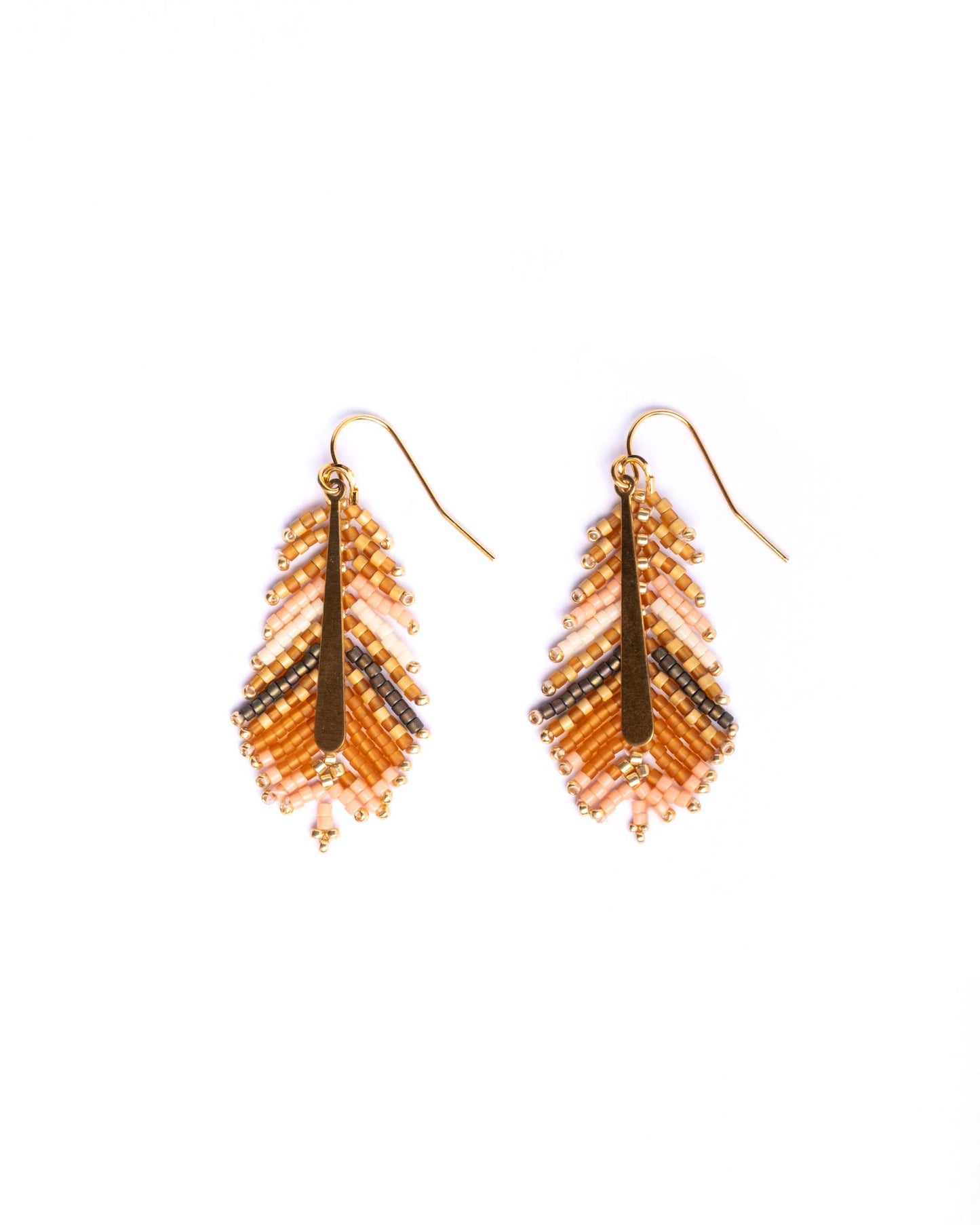 Beaded Handwoven Gilded Feather Earrings (Rust/Aqua)