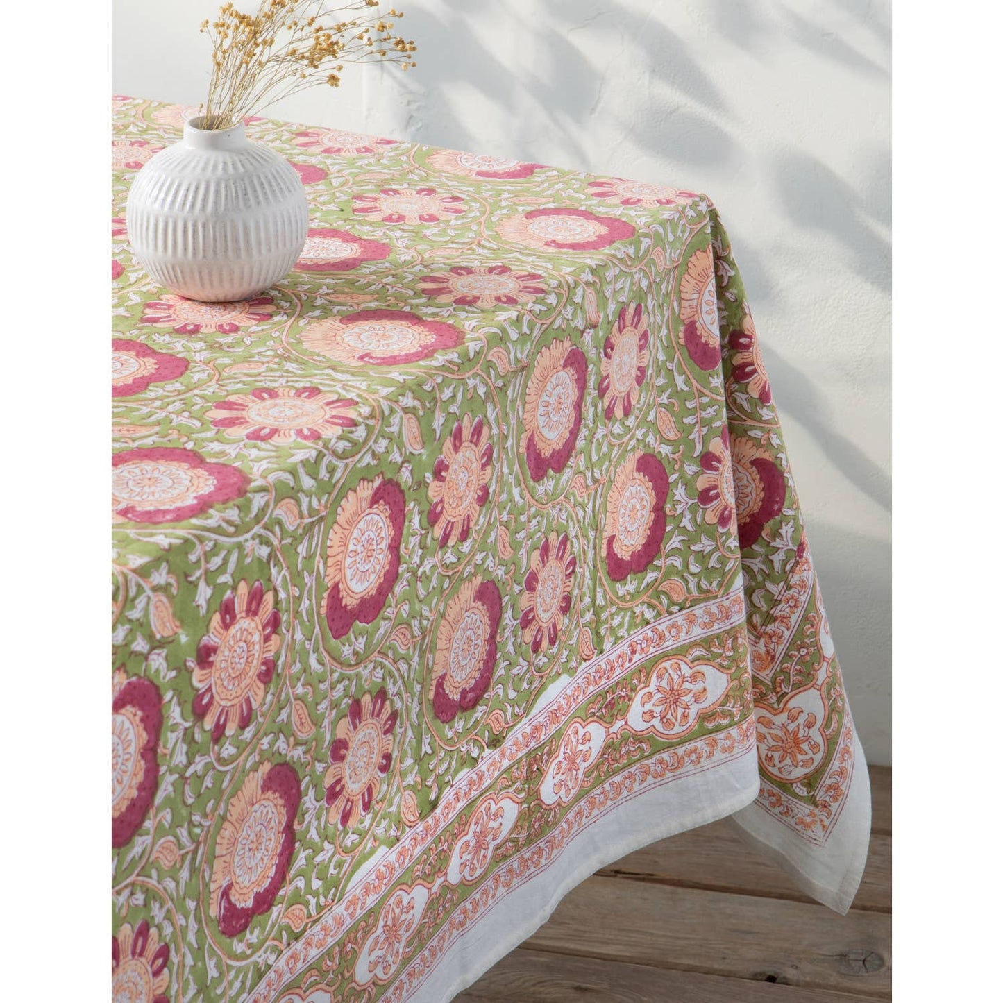 Zinnia Block Print Tablecloth 60 x 90 Inches
