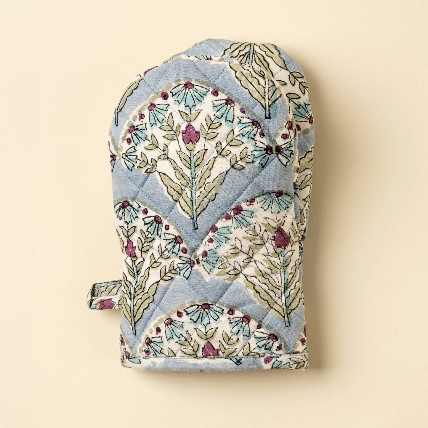 Sakura Block Print Oven Mitt, Blue