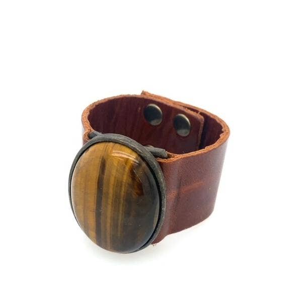 Oval Cabochon Leather Bracelet: Vintage Brown w African Turq