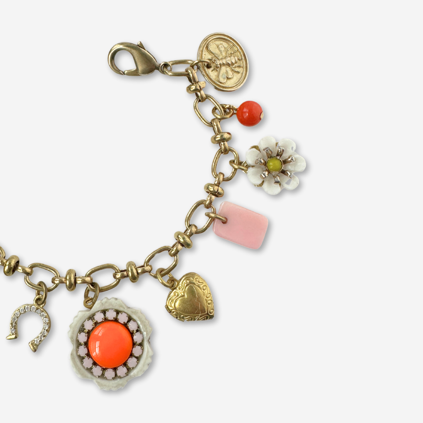 Repurposed vintage yellow, orange, and pink charm bracelet