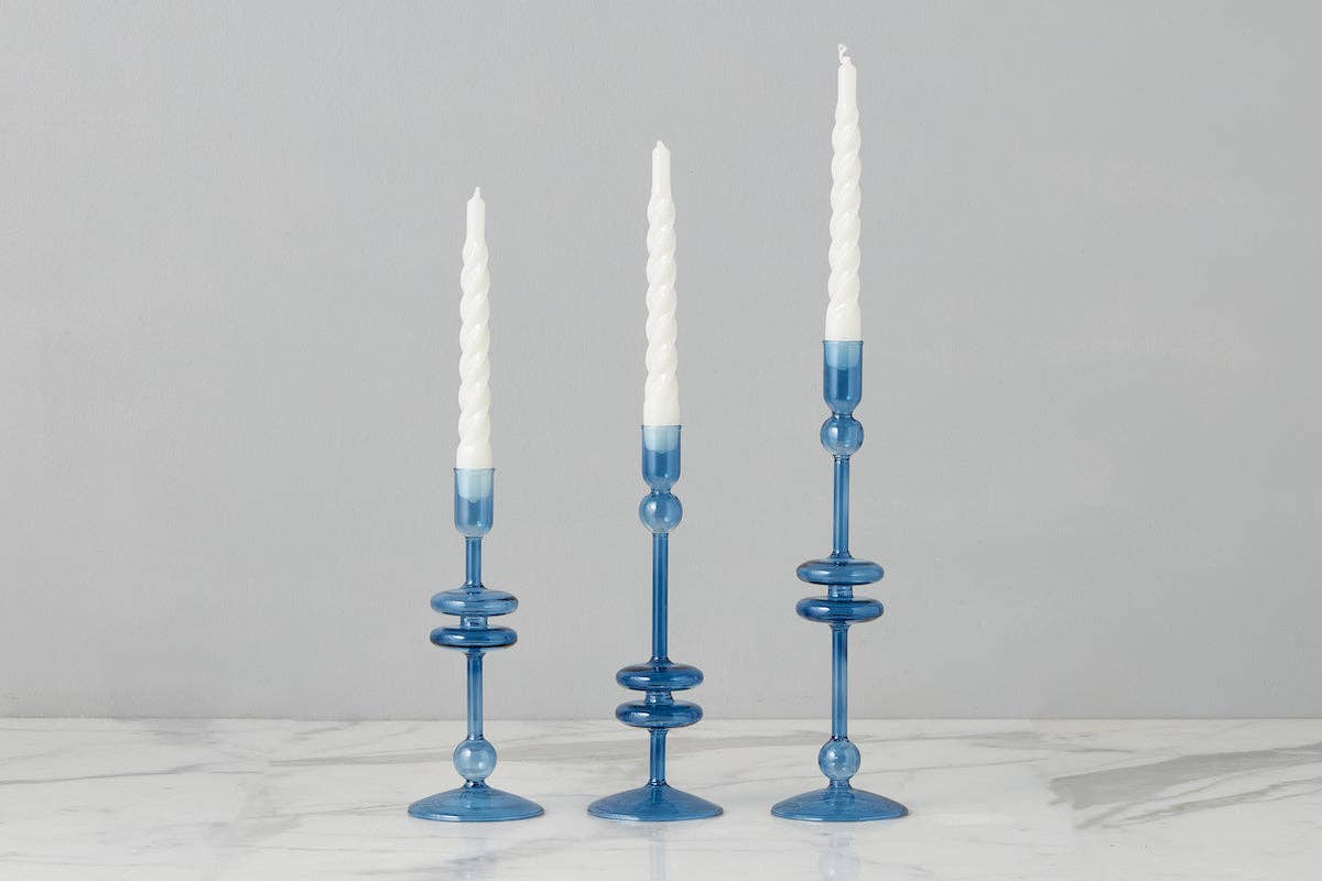 Glass Candlestick, Medium, Sapphire Blue
