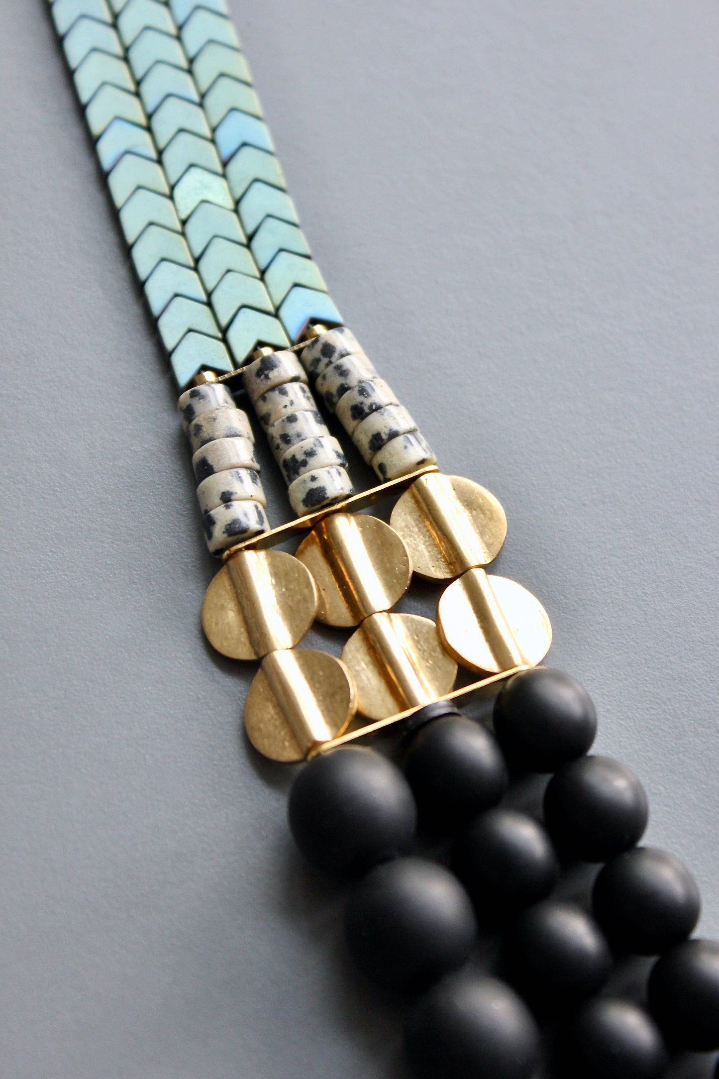 HYL221 Jet Glass and Hematite Triple Strand Beaded Necklace