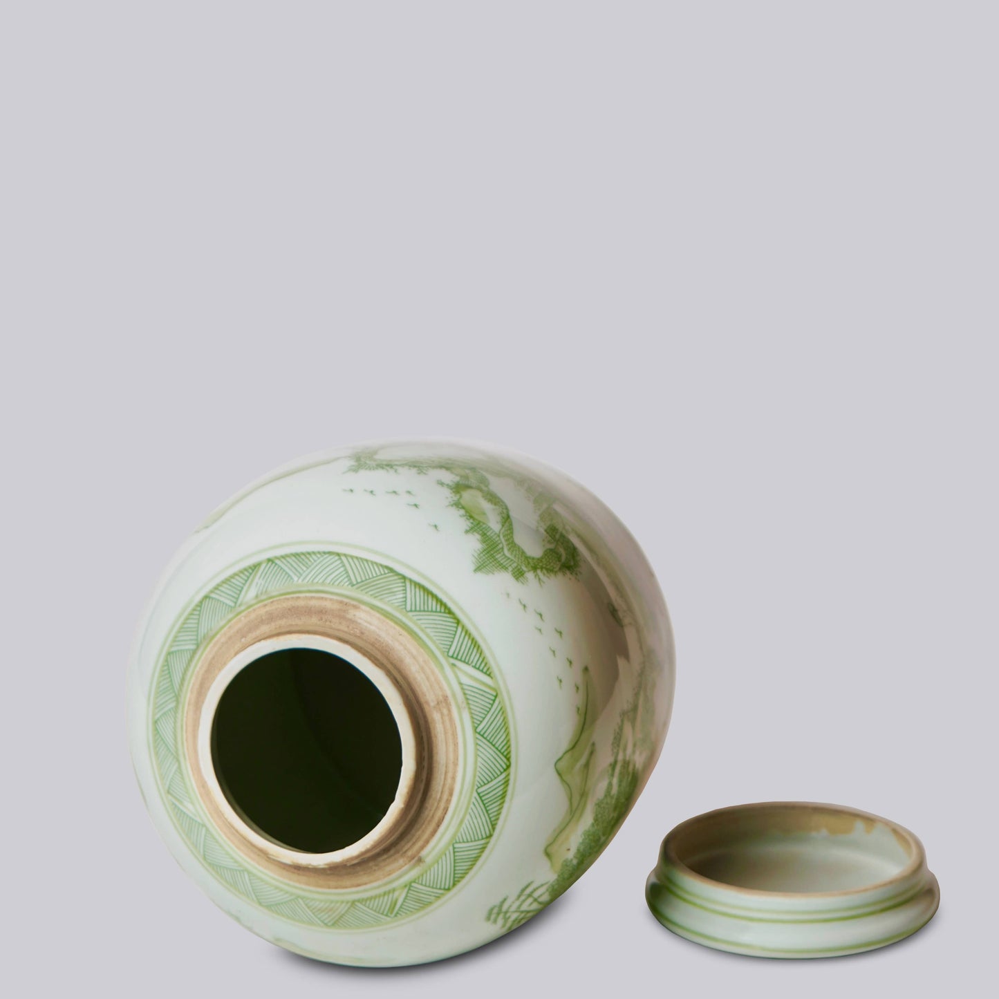 Landscape Green and White Porcelain Lidded Jar