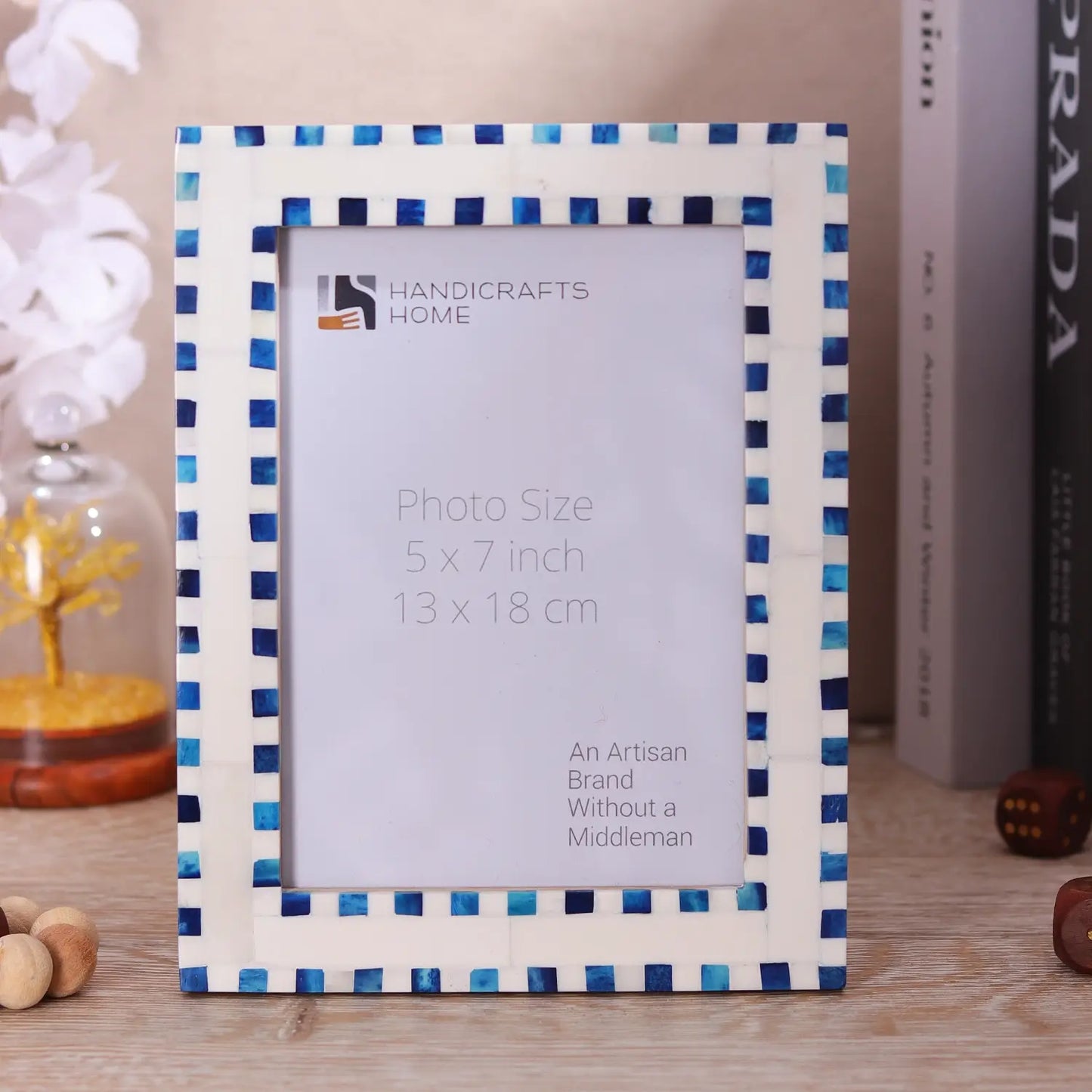 Handmade Bone Inlay Blue Picture Frame - Checkered Pattern 5x7