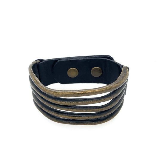 Wide Metal Wave Leather Bracelet: Black