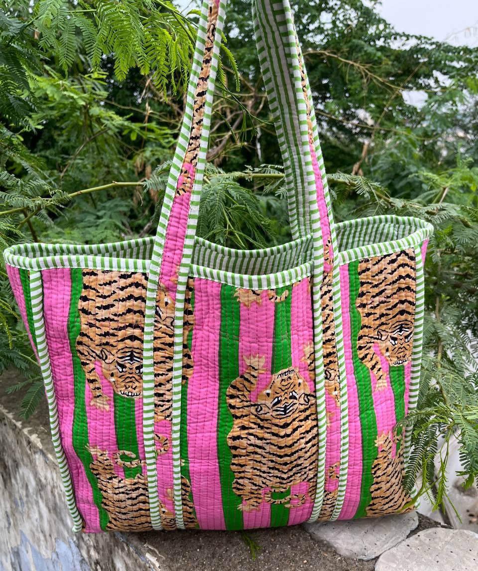 Tiger Printed Women Shopping Bag Cotton Quilted Jhola Bags