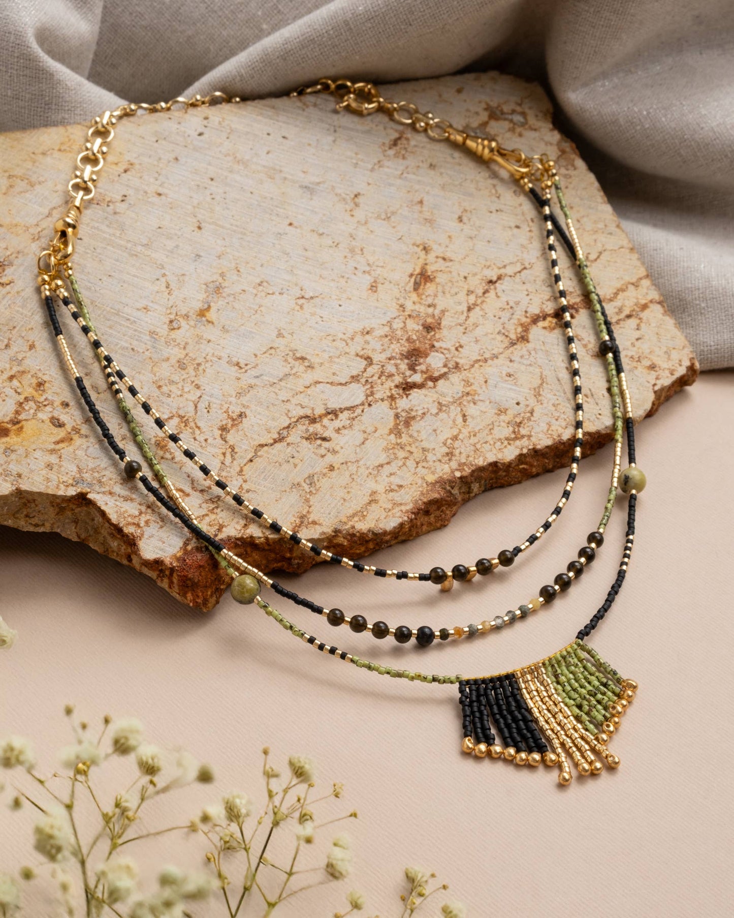 Handwoven Miyuki and Gem Fringe Layering Necklace (Olive)